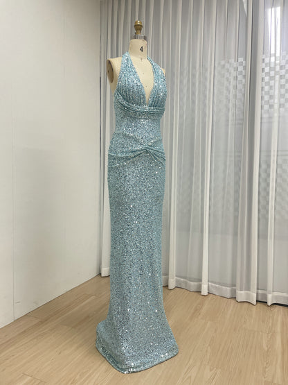Black Crystal Beading Plunging V-Neck Halter Evening Gown MB40473