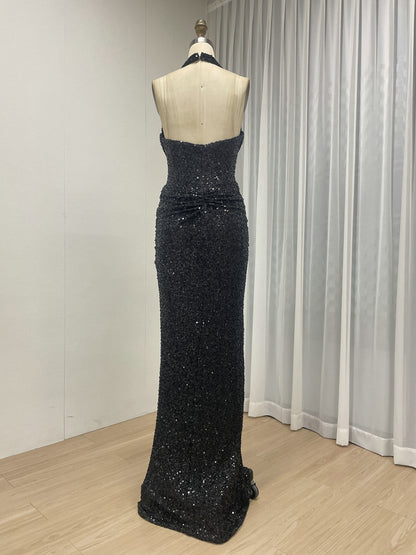 Black Crystal Beading Plunging V-Neck Halter Evening Gown MB40473