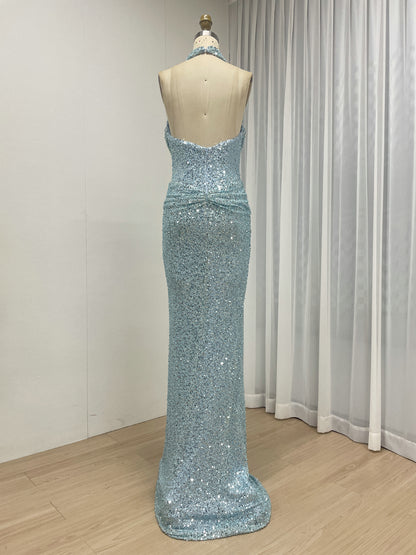Black Crystal Beading Plunging V-Neck Halter Evening Gown MB40473