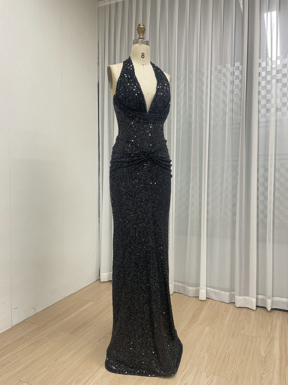 Black Crystal Beading Plunging V-Neck Halter Evening Gown MB40473