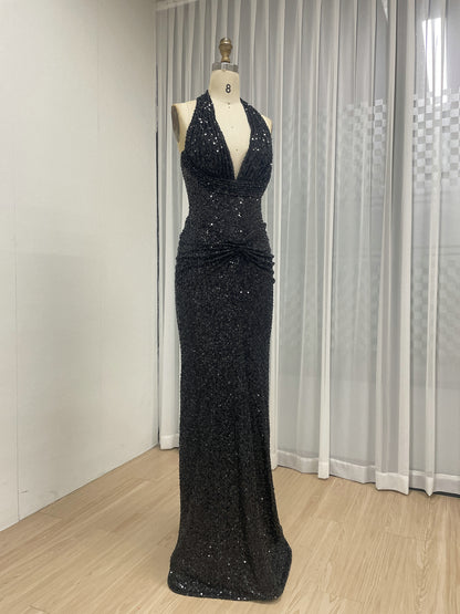 Black Crystal Beading Plunging V-Neck Halter Evening Gown MB40473