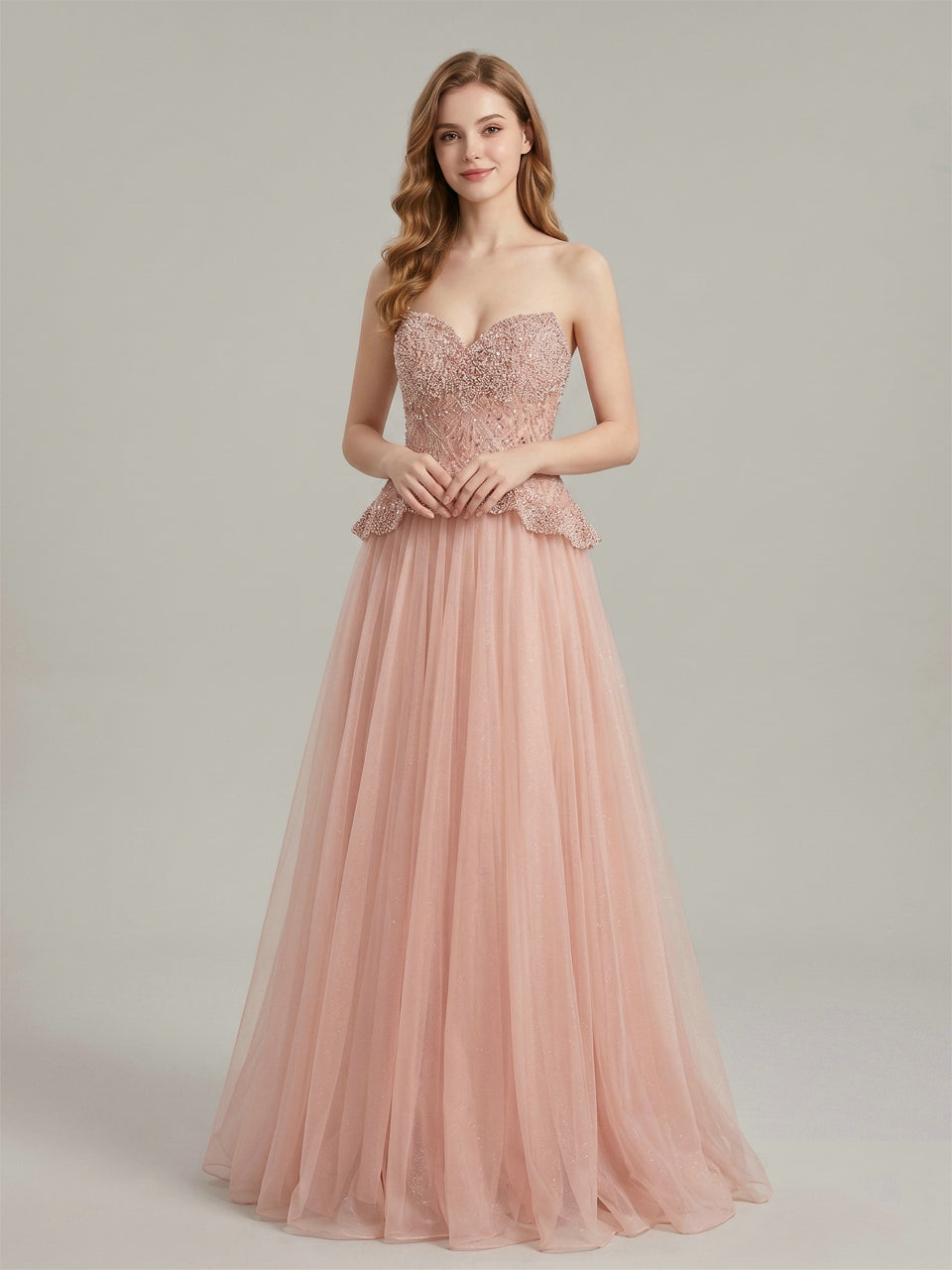 Pink Beaded Sweetheart Peplum Tulle Evening Gown MB40474
