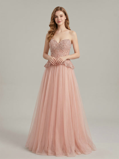 Pink Beaded Sweetheart Peplum Tulle Evening Gown MB40474