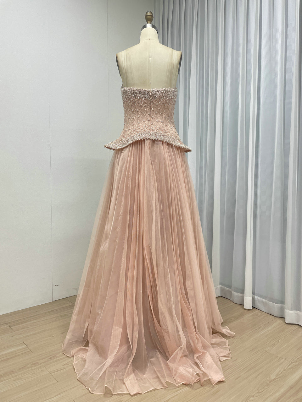 Pink Beaded Sweetheart Peplum Tulle Evening Gown MB40474