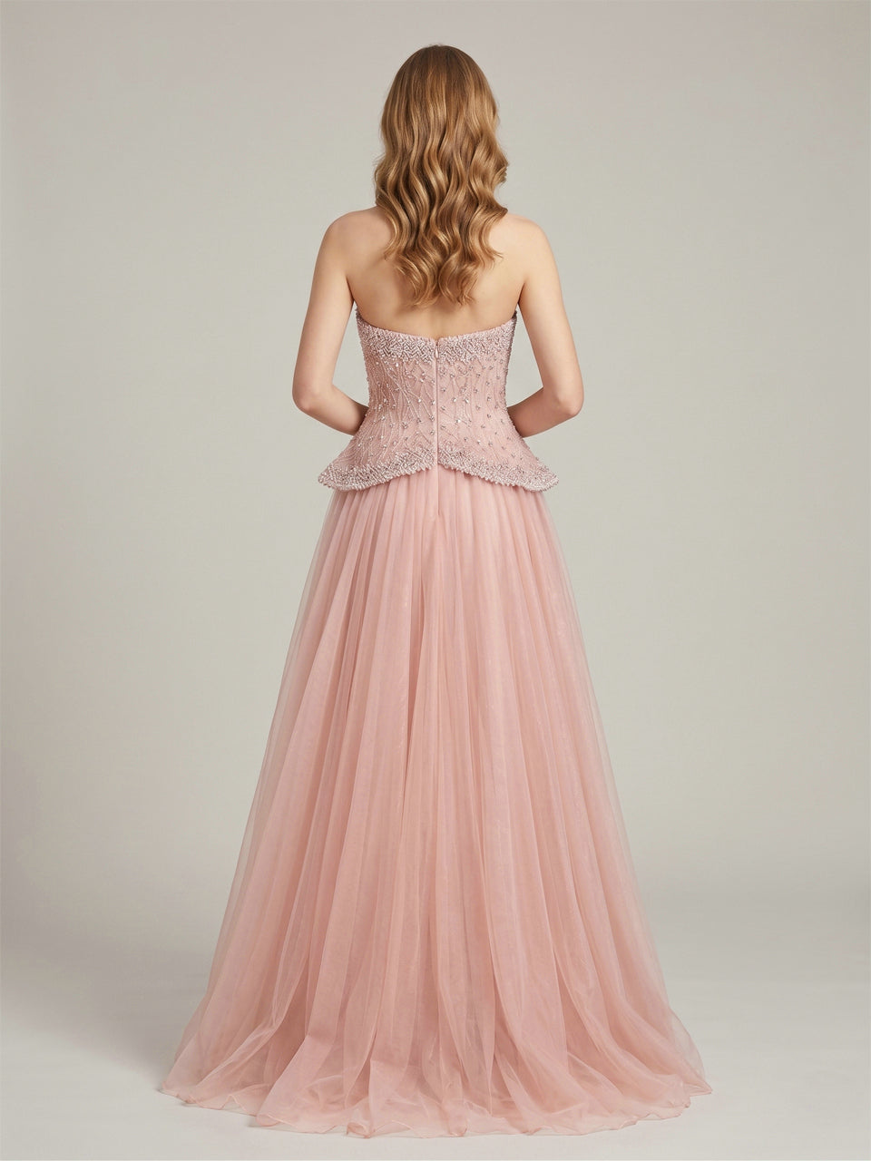 Pink Beaded Sweetheart Peplum Tulle Evening Gown MB40474