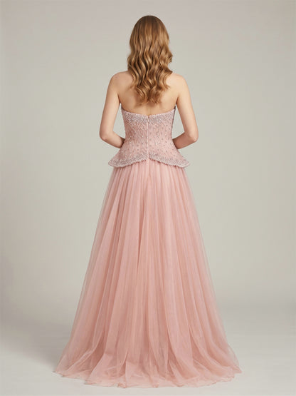 Pink Beaded Sweetheart Peplum Tulle Evening Gown MB40474