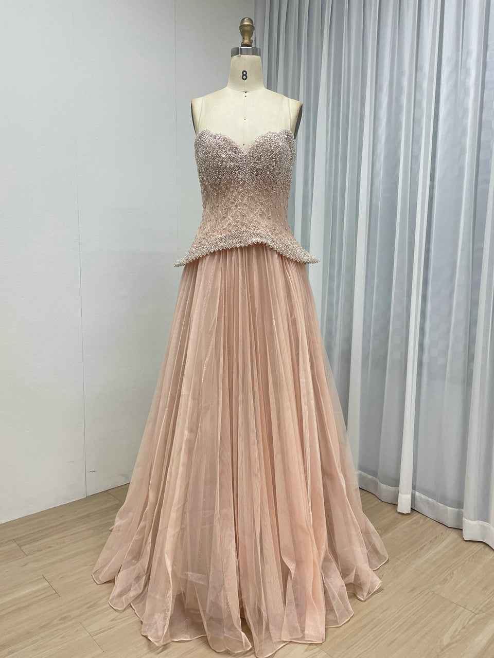 Pink Beaded Sweetheart Peplum Tulle Evening Gown MB40474