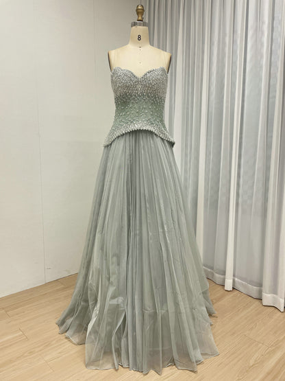 Pink Beaded Sweetheart Peplum Tulle Evening Gown MB40474