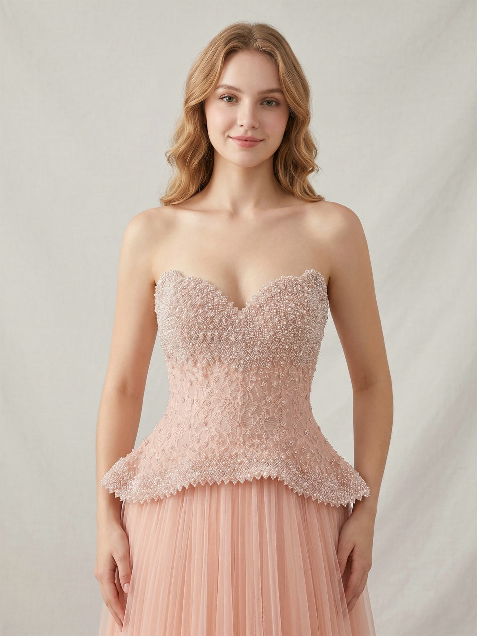 Pink Beaded Sweetheart Peplum Tulle Evening Gown MB40474
