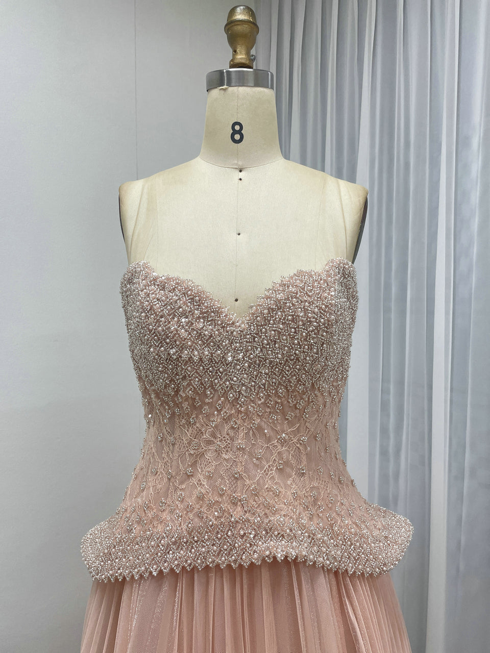Pink Beaded Sweetheart Peplum Tulle Evening Gown MB40474