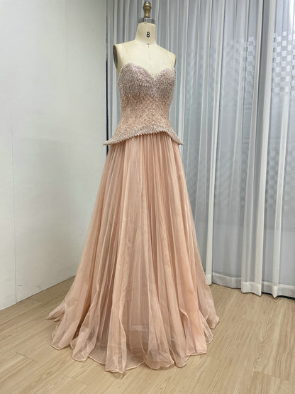 Pink Beaded Sweetheart Peplum Tulle Evening Gown MB40474