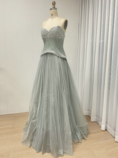 Pink Beaded Sweetheart Peplum Tulle Evening Gown MB40474