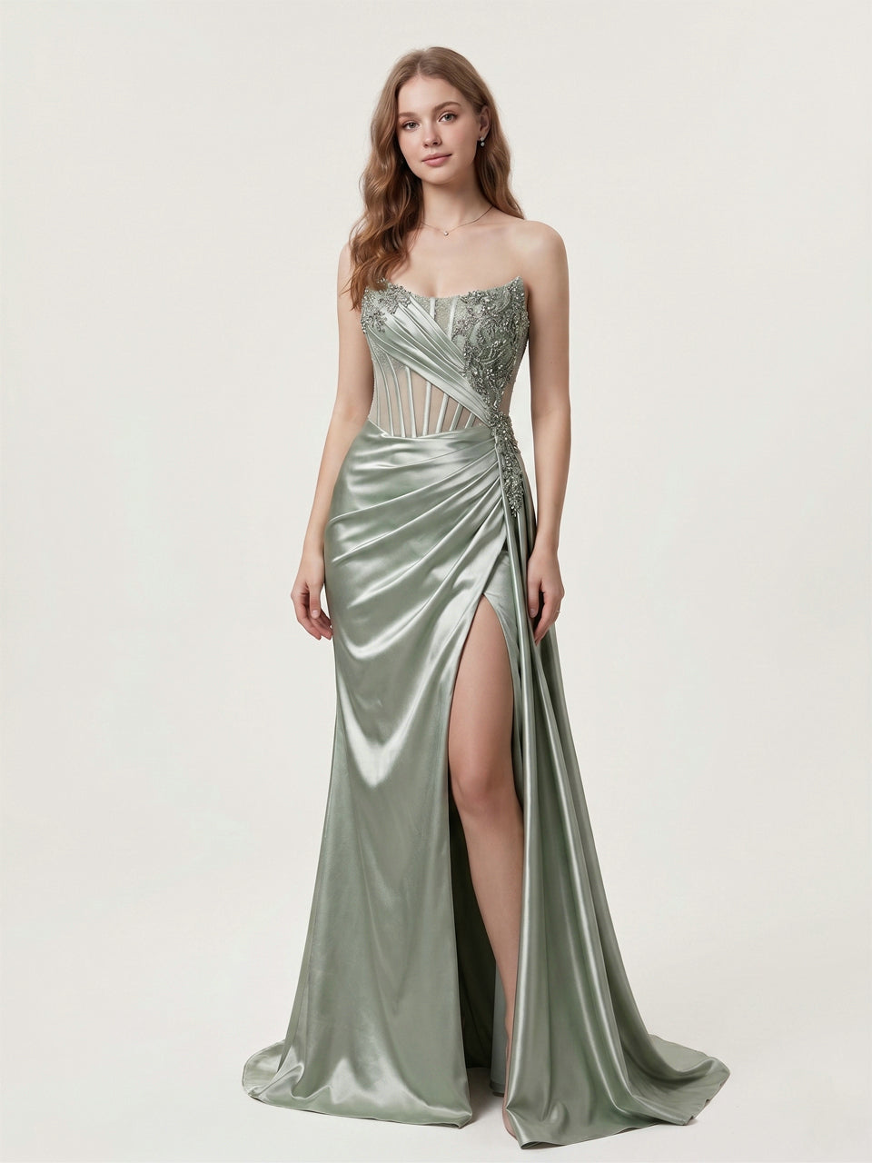 Green Satin Beaded Corset Evening Gown with High Slit MB40475