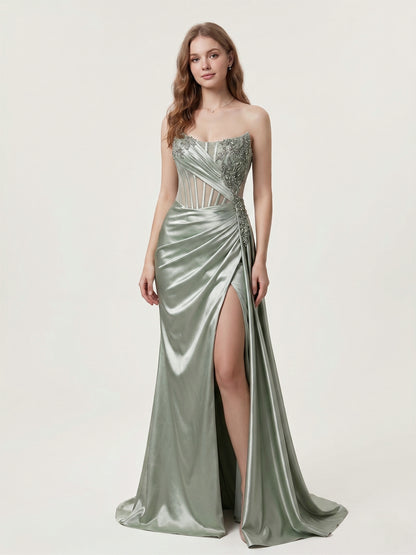 Green Satin Beaded Corset Evening Gown with High Slit MB40475