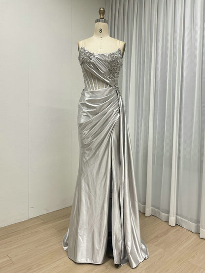 Green Satin Beaded Corset Evening Gown with High Slit MB40475