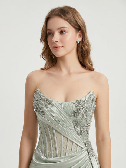 Green Satin Beaded Corset Evening Gown with High Slit MB40475