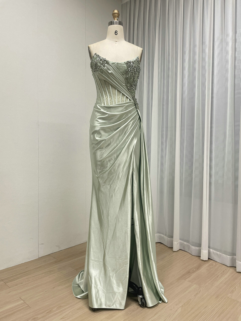 Green Satin Beaded Corset Evening Gown with High Slit MB40475