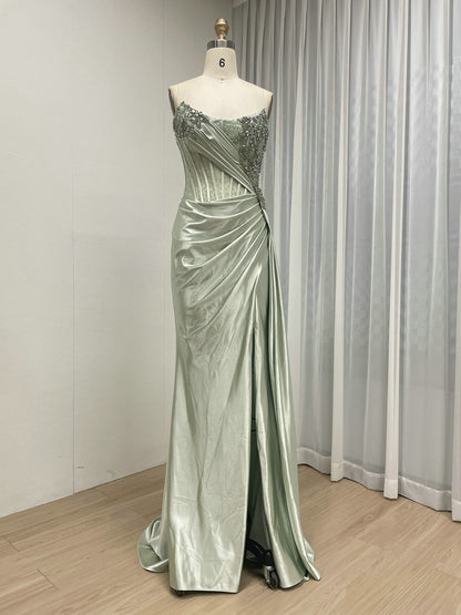 Green Satin Beaded Corset Evening Gown with High Slit MB40475