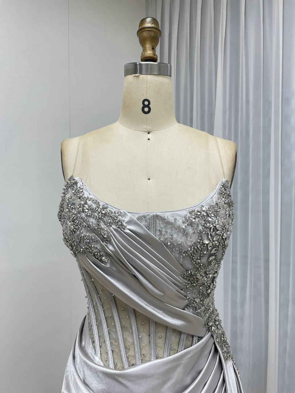 Green Satin Beaded Corset Evening Gown with High Slit MB40475