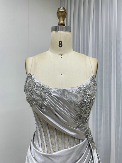 Green Satin Beaded Corset Evening Gown with High Slit MB40475