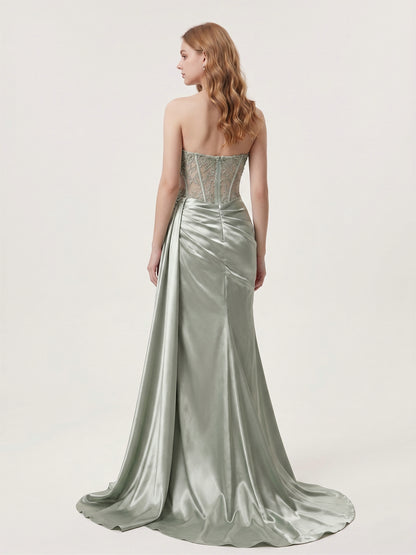 Green Satin Beaded Corset Evening Gown with High Slit MB40475