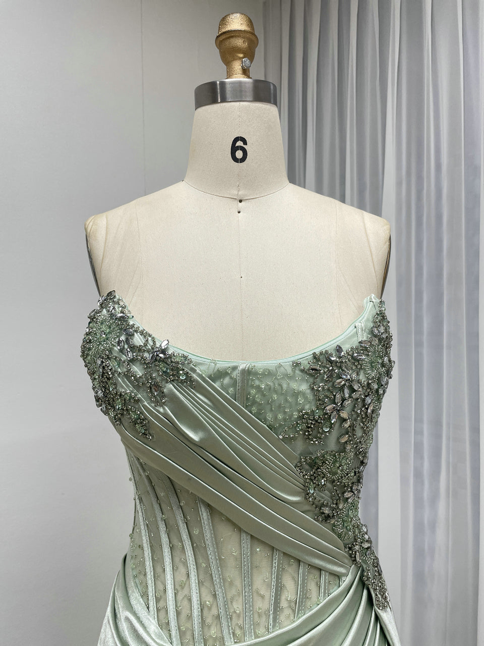 Green Satin Beaded Corset Evening Gown with High Slit MB40475