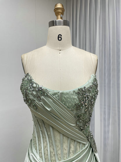 Green Satin Beaded Corset Evening Gown with High Slit MB40475