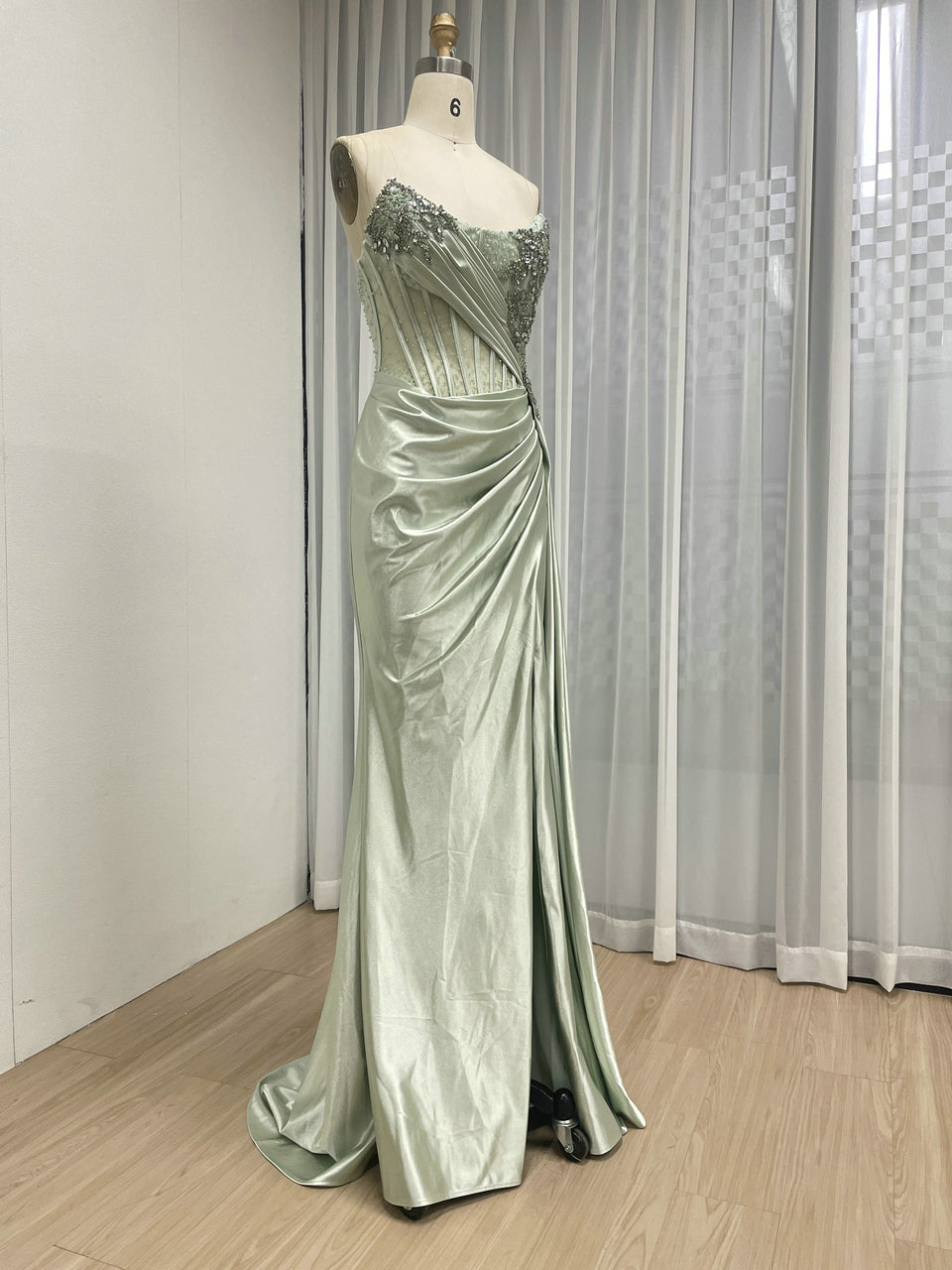 Green Satin Beaded Corset Evening Gown with High Slit MB40475