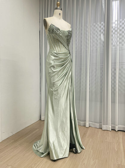 Green Satin Beaded Corset Evening Gown with High Slit MB40475