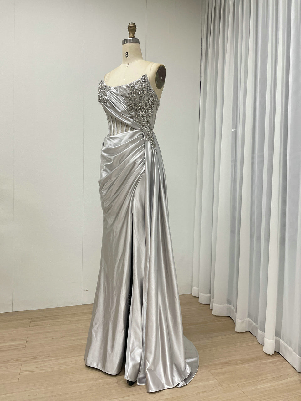 Green Satin Beaded Corset Evening Gown with High Slit MB40475