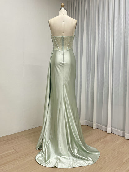 Green Satin Beaded Corset Evening Gown with High Slit MB40475