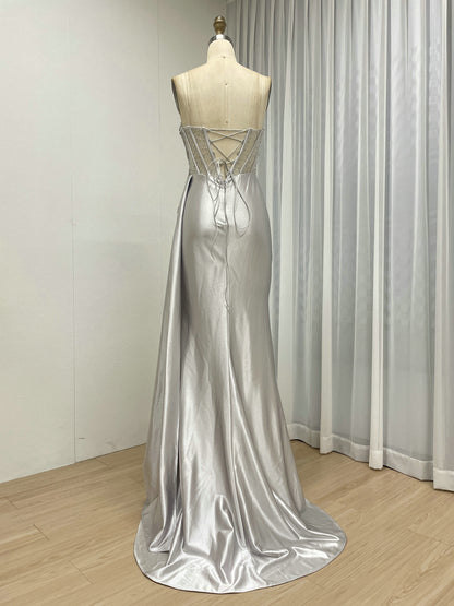 Green Satin Beaded Corset Evening Gown with High Slit MB40475