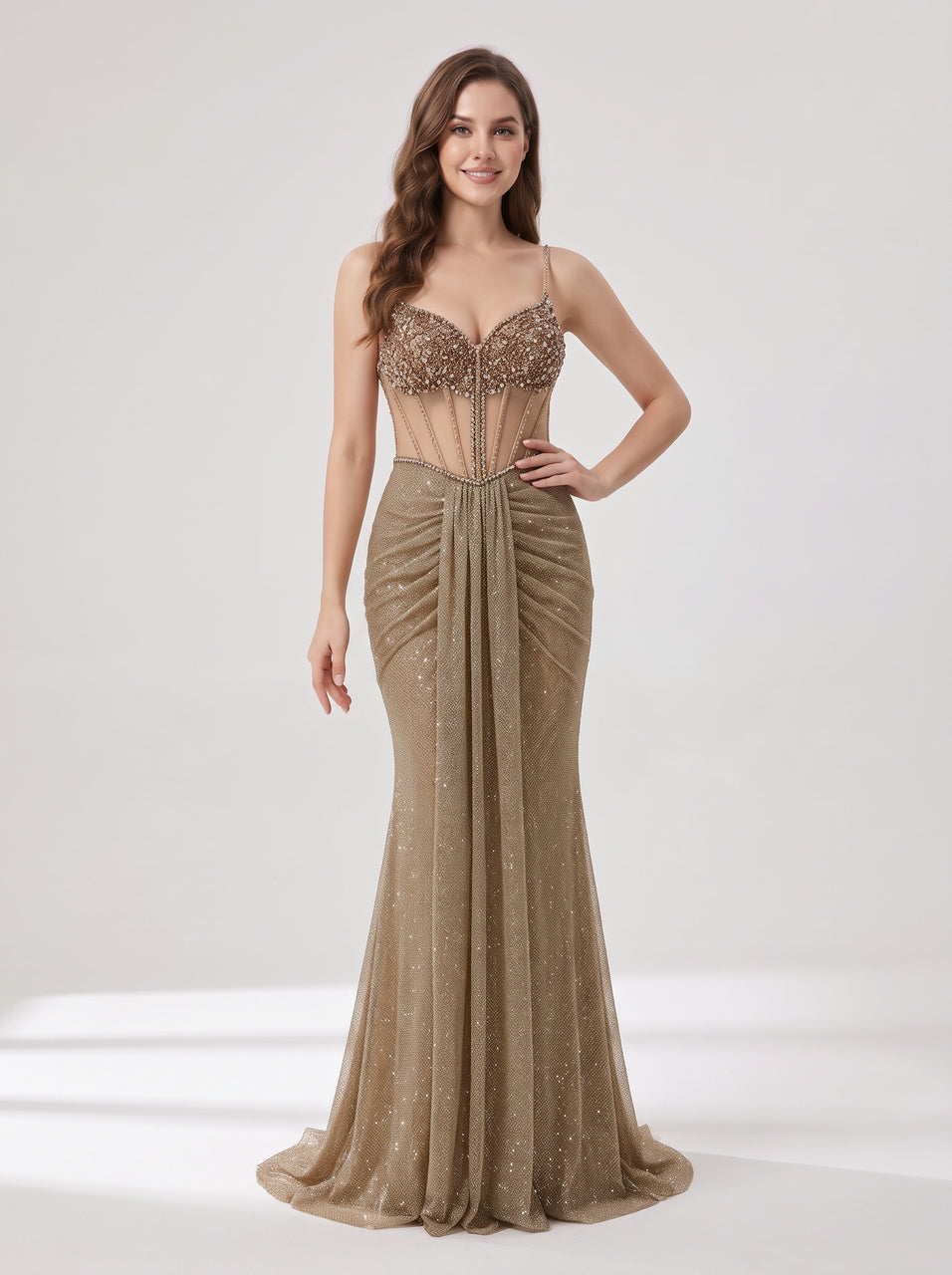 Luxury Gold Beaded Corset Evening Gown Sleeveless Sparkle Prom Dress MB40481