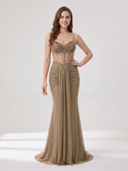 Luxury Gold Beaded Corset Evening Gown Sleeveless Sparkle Prom Dress MB40481