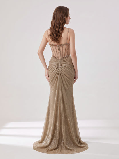 Luxury Gold Beaded Corset Evening Gown Sleeveless Sparkle Prom Dress MB40481