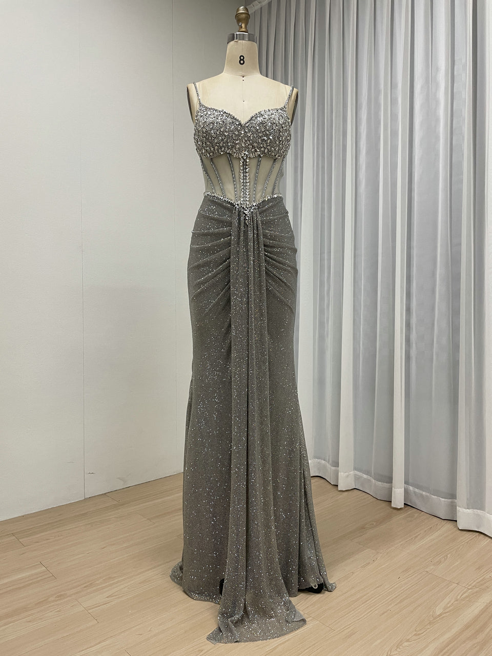 Luxury Gold Beaded Corset Evening Gown Sleeveless Sparkle Prom Dress MB40481
