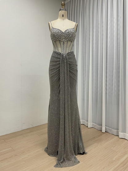Luxury Gold Beaded Corset Evening Gown Sleeveless Sparkle Prom Dress MB40481