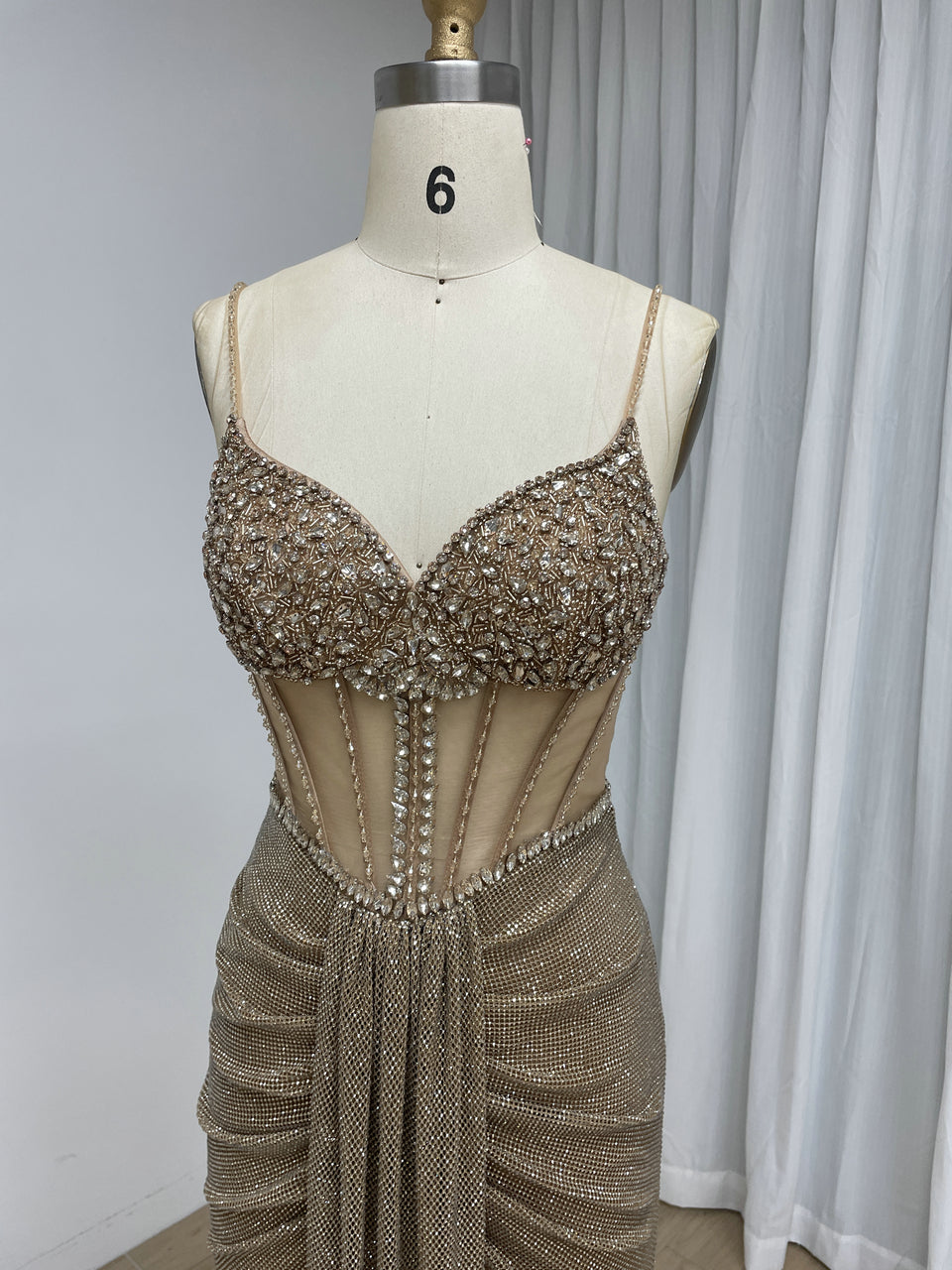 Luxury Gold Beaded Corset Evening Gown Sleeveless Sparkle Prom Dress MB40481