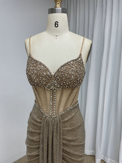 Luxury Gold Beaded Corset Evening Gown Sleeveless Sparkle Prom Dress MB40481
