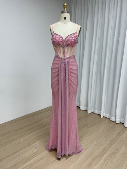Luxury Gold Beaded Corset Evening Gown Sleeveless Sparkle Prom Dress MB40481