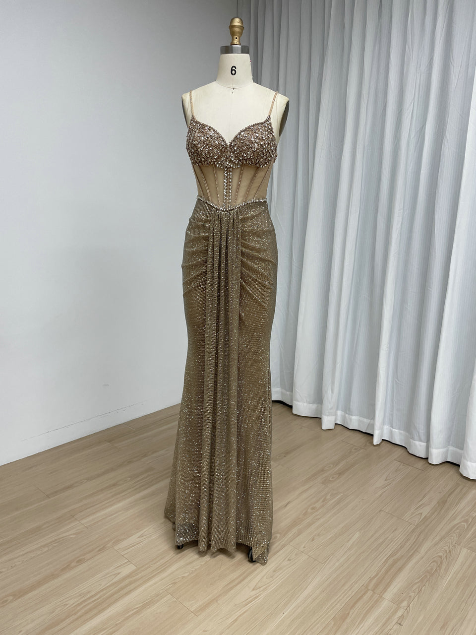 Luxury Gold Beaded Corset Evening Gown Sleeveless Sparkle Prom Dress MB40481