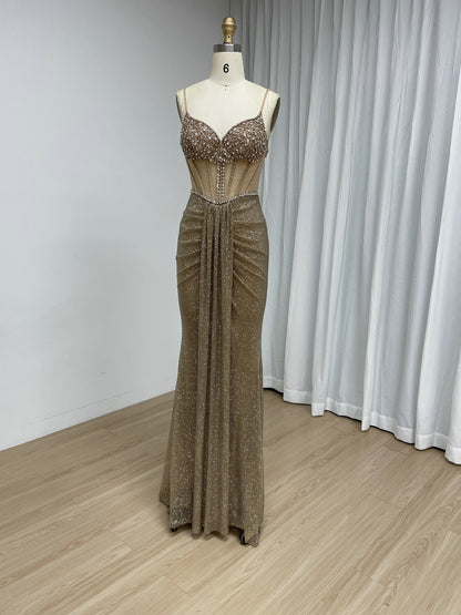 Luxury Gold Beaded Corset Evening Gown Sleeveless Sparkle Prom Dress MB40481