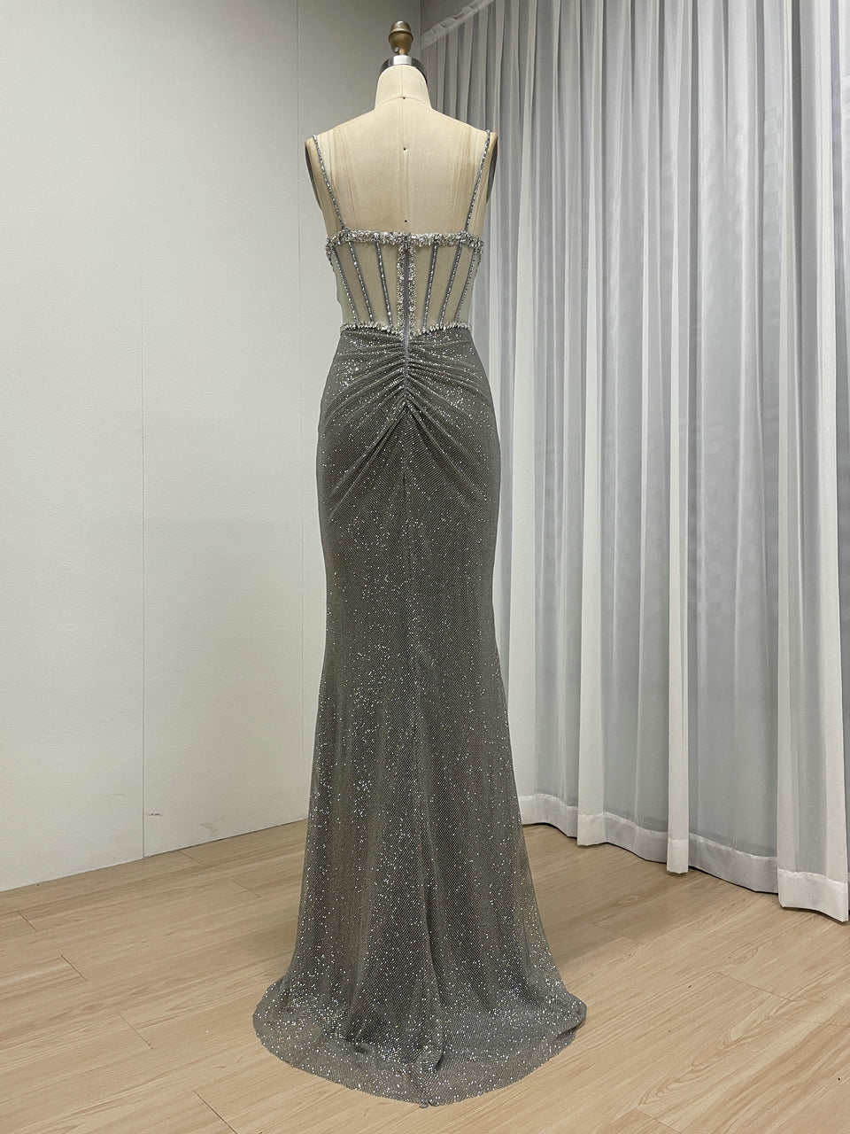 Luxury Gold Beaded Corset Evening Gown Sleeveless Sparkle Prom Dress MB40481