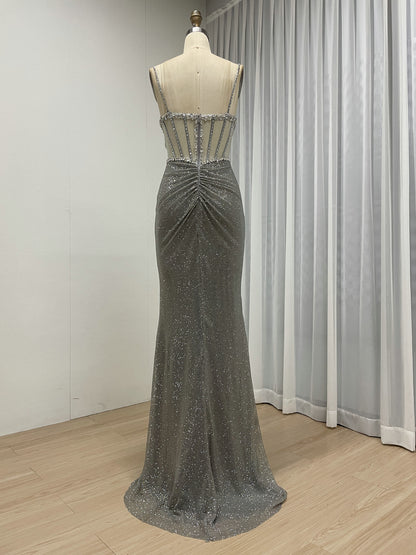 Luxury Gold Beaded Corset Evening Gown Sleeveless Sparkle Prom Dress MB40481