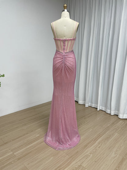 Luxury Gold Beaded Corset Evening Gown Sleeveless Sparkle Prom Dress MB40481