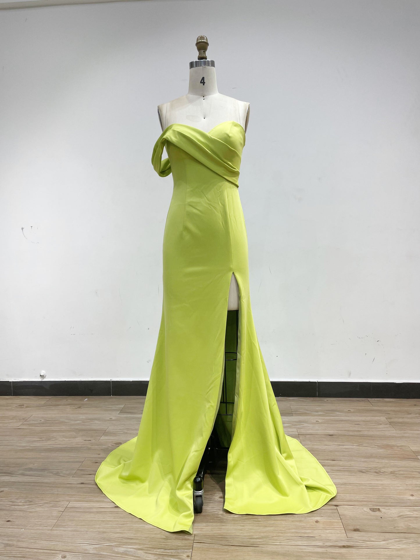 Elegant Strapless Ruffle Off Shoulder High Split Yellow Bridesmaid Dress MC20004