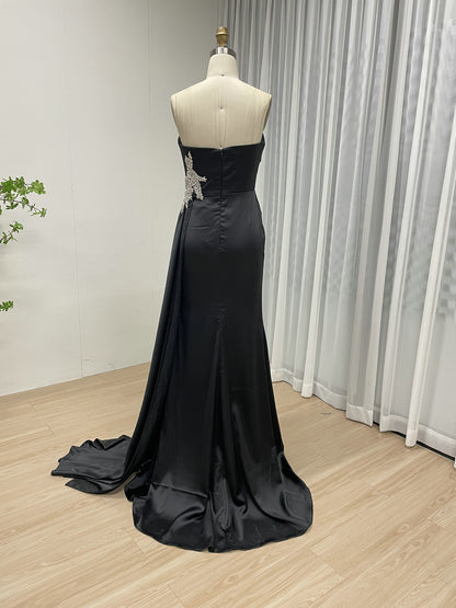 Strapless Ruched Satin Mermaid Evening Gown with Crystal Brooch – Black MC20015-2