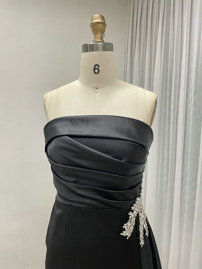 Strapless Ruched Satin Mermaid Evening Gown with Crystal Brooch – Black MC20015-2