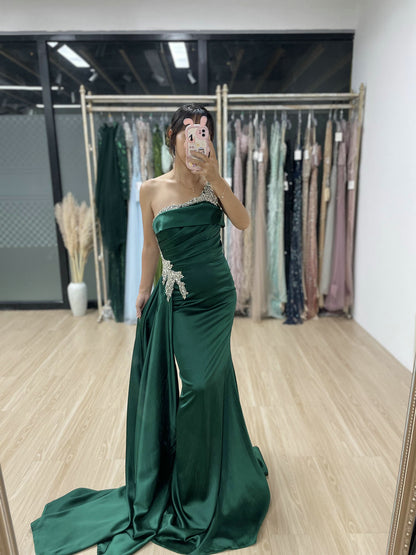 One Shoulder Beading Ruffle Satin Evening Dress MC20015