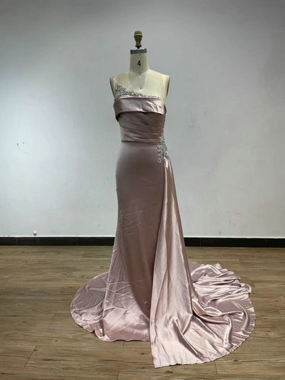 One Shoulder Beading Ruffle Satin Evening Dress MC20015